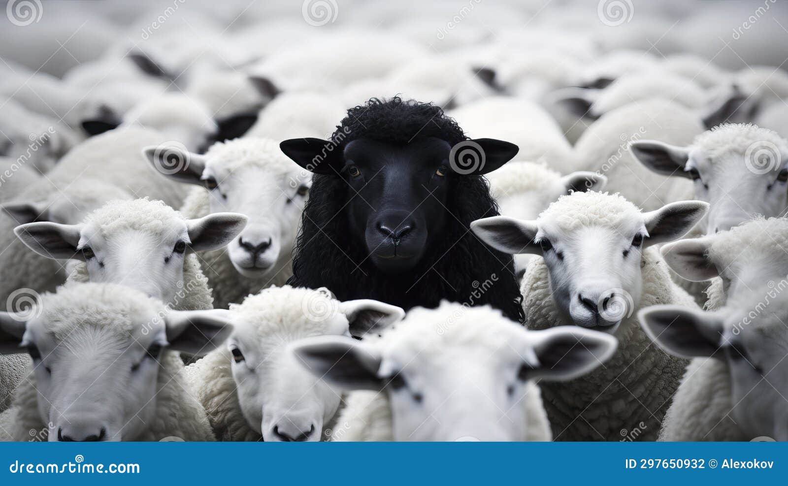 Sheep and Lambs in a Flock. Black Sheep and White Sheep Stock