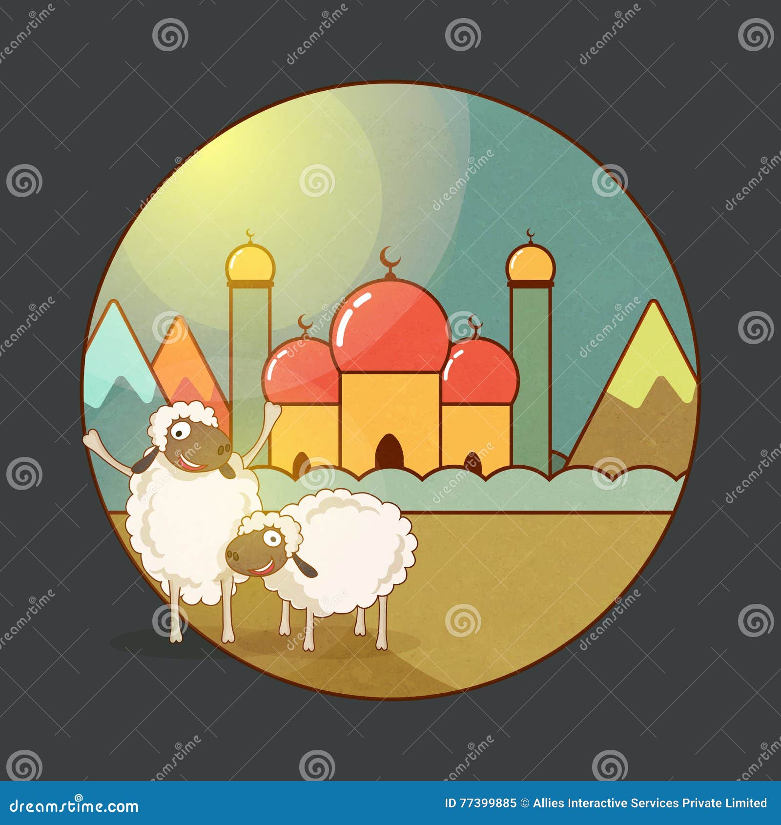 sheep with mosque for eid-al-adha mubarak.