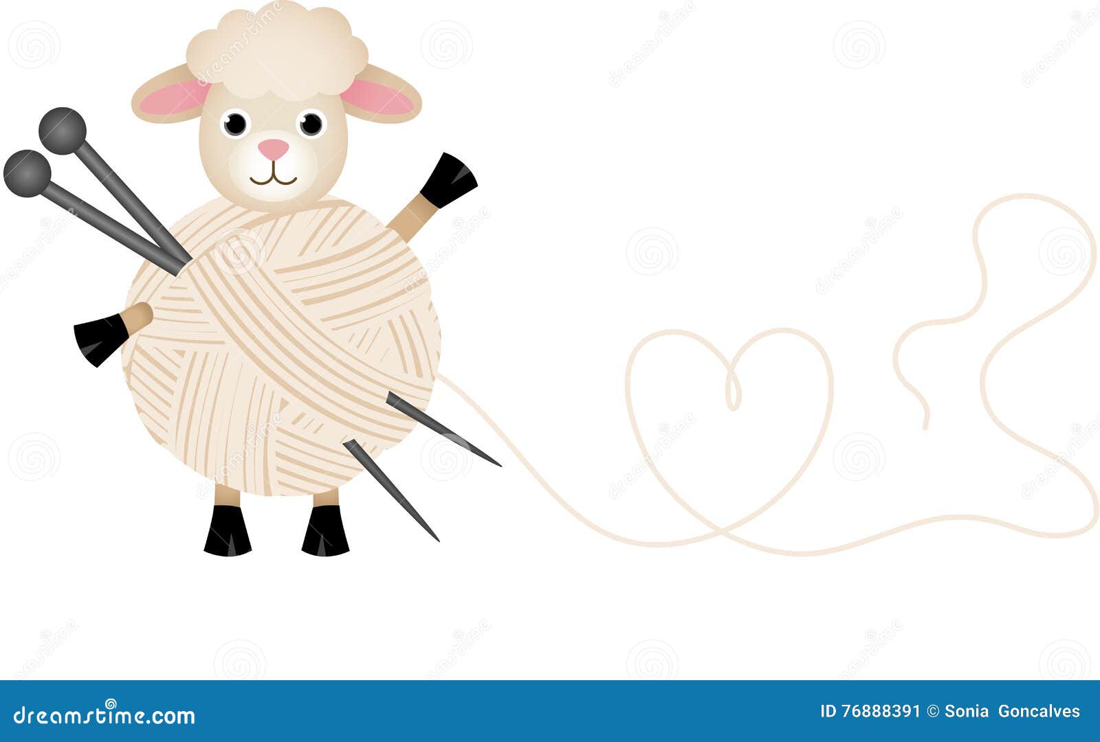 Sheep with Wool Yarn and Knitting Needles Stock Vector Illustration