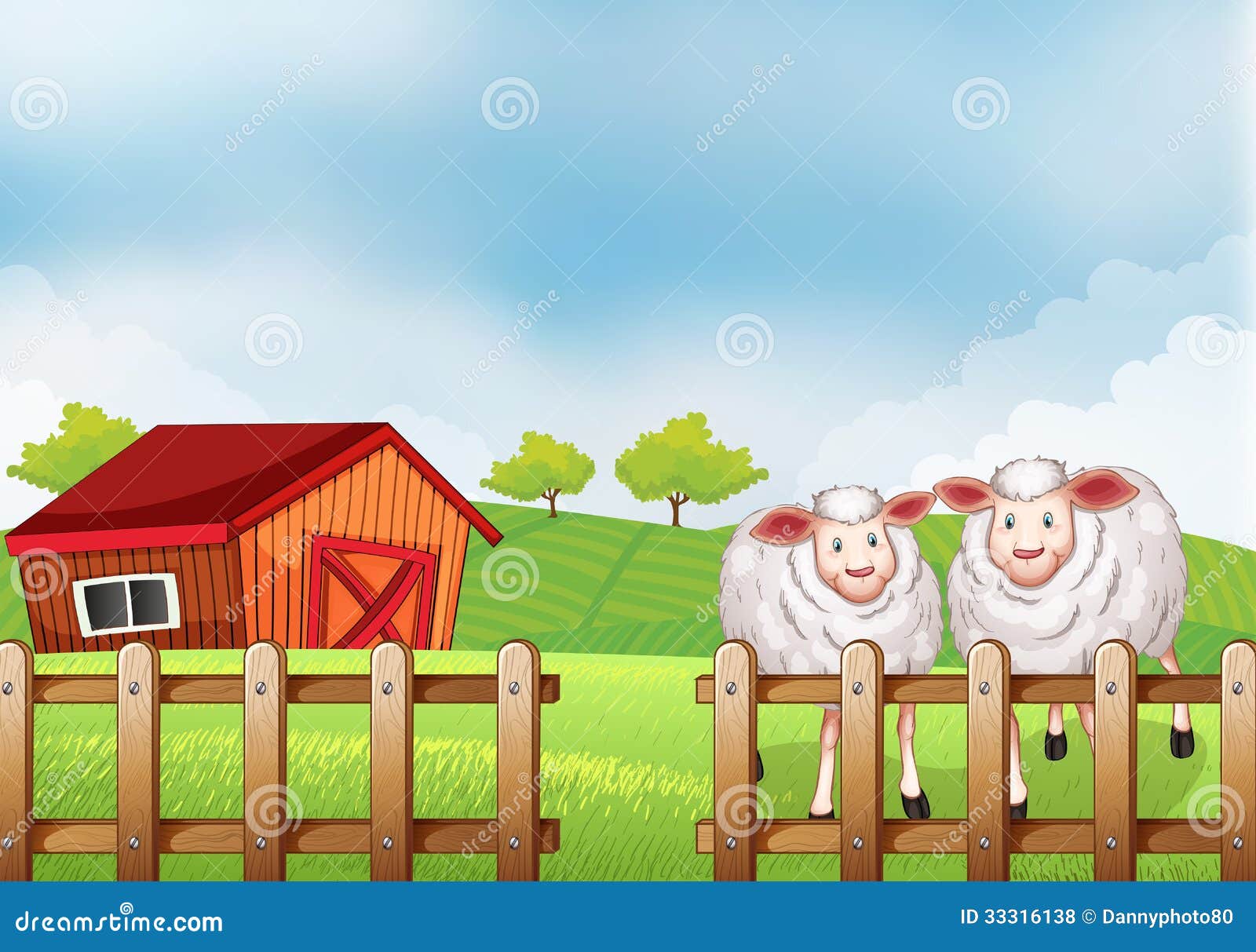 Sheeps Inside The Wooden Fence With A Barn Stock 