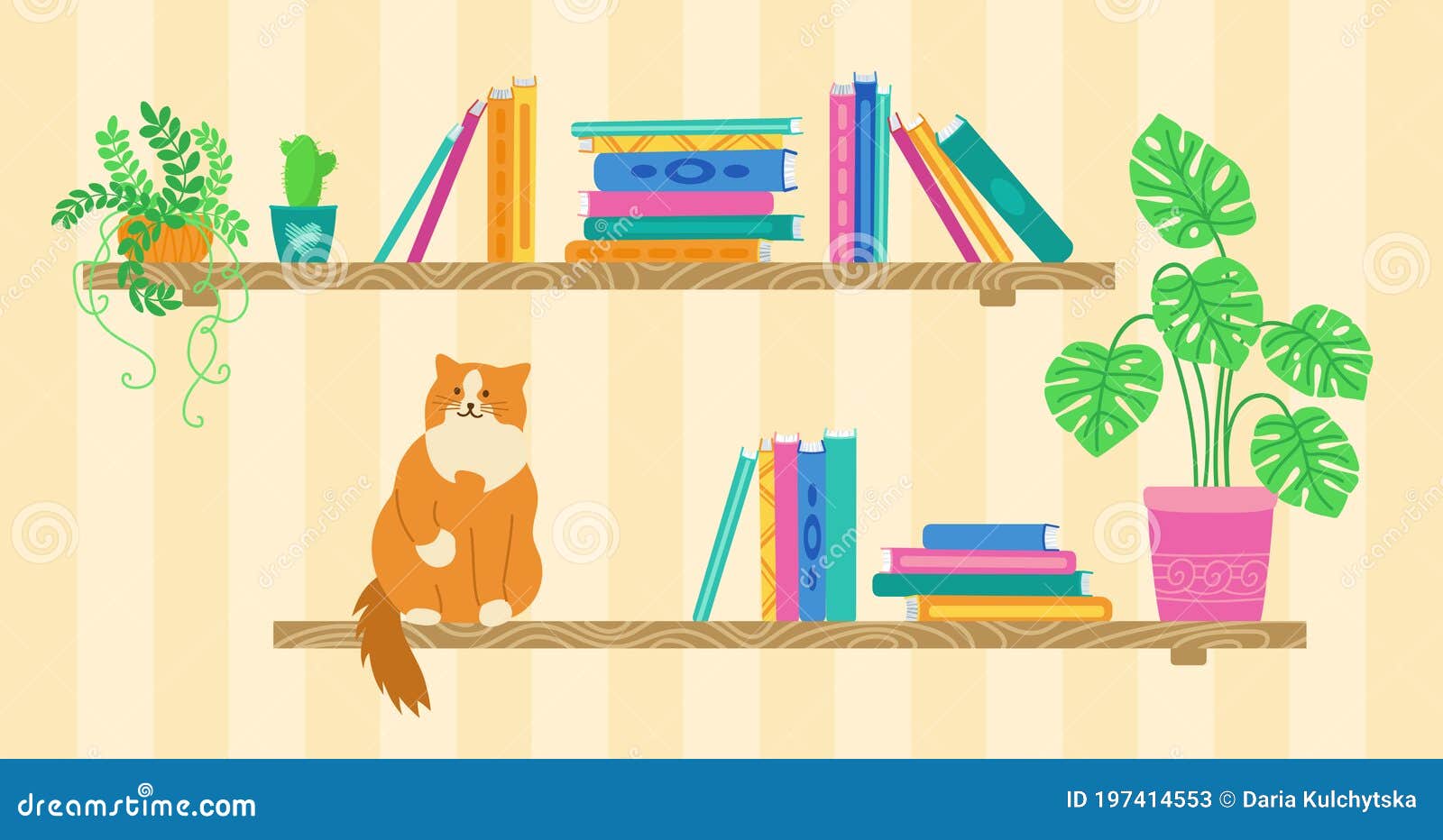 Shelf Cartoon Book Cat Home Plants Library Vector | CartoonDealer.com