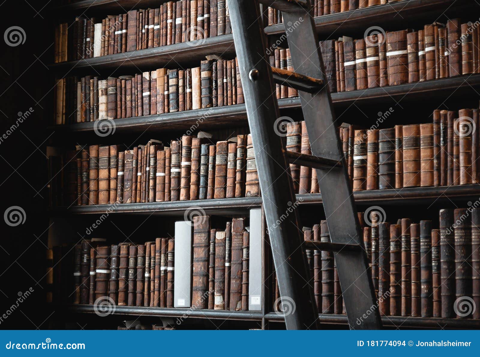 Shelf With Old Books At The Long Room Of The Old Library At Trinity College Dublin Stock Photo Image Of Bookshelves Background