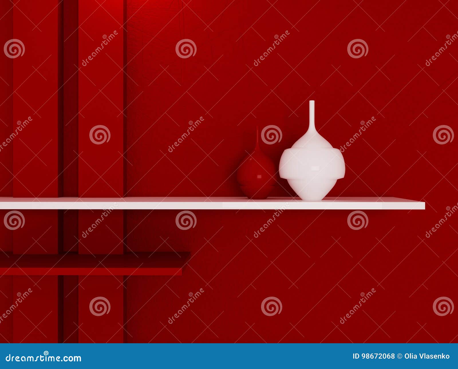 Shelf on the red wall, 3d stock illustration. Illustration of glass