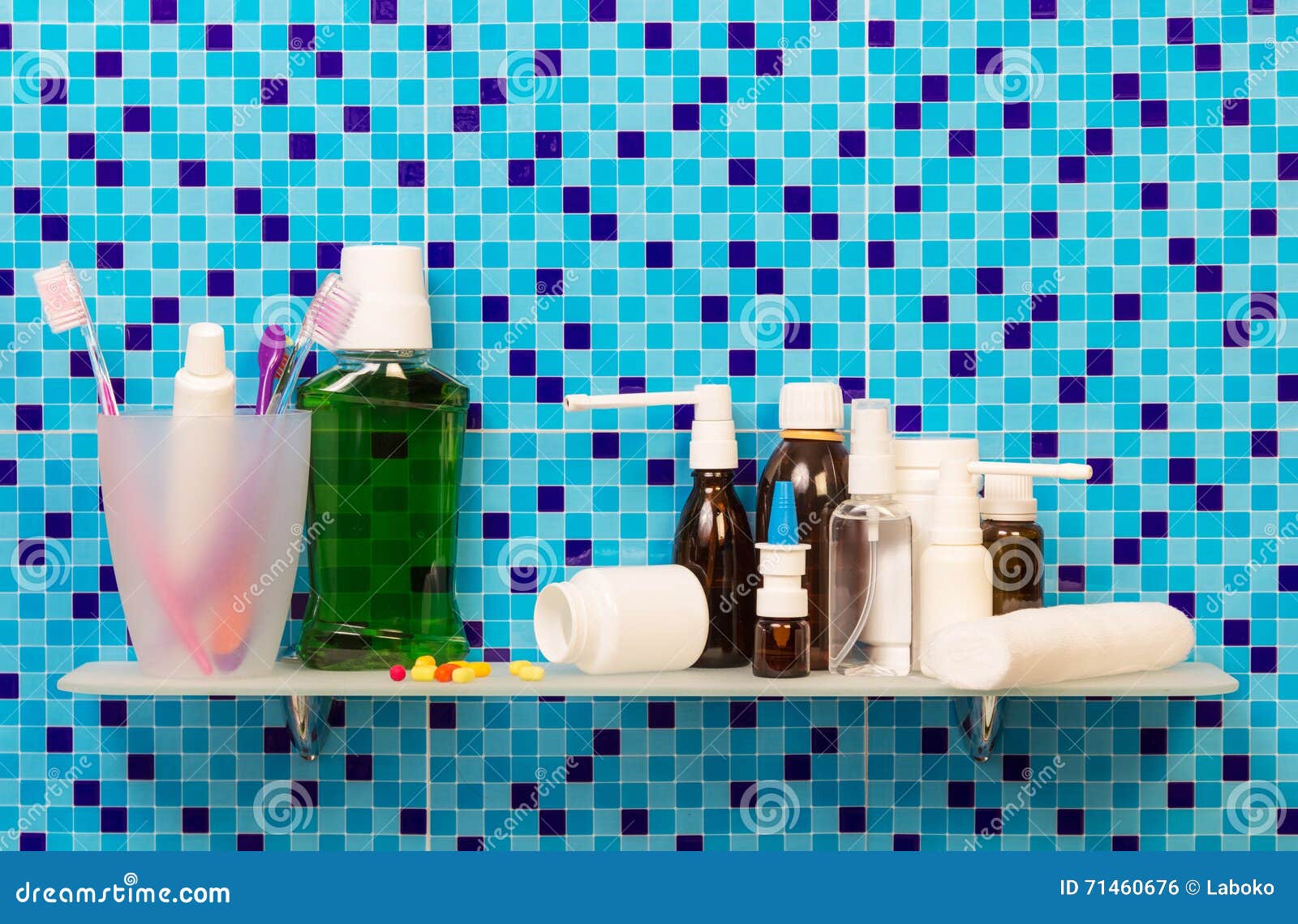 Shelf with Toiletries Cosmetics on Background Bathroom. Stock Photo