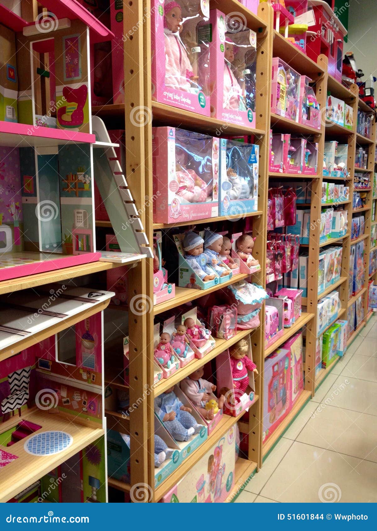Shelfs with toys. Different products stand in a row on the store shelves. The photo was taken in one of the supermarkets of Kiev, 2015