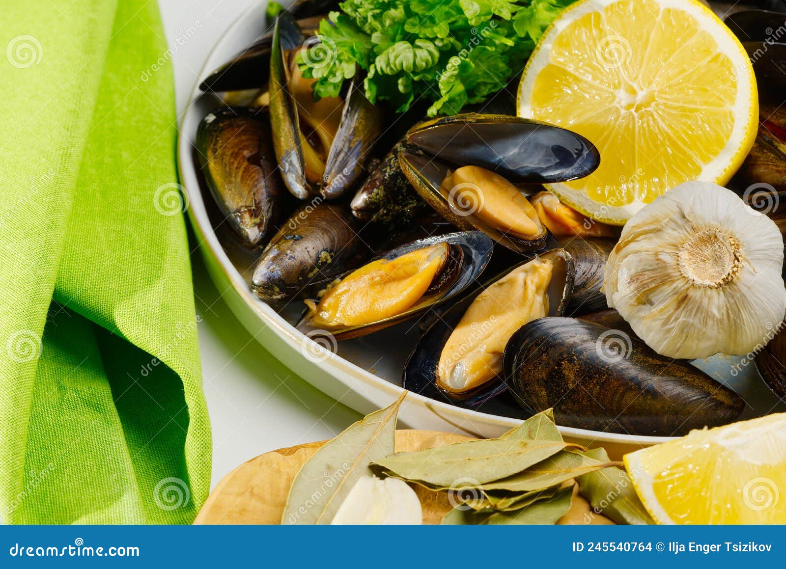 Shellfish Dish. Seafood Dishes. Mussels in Sauce. Stock Photo Image