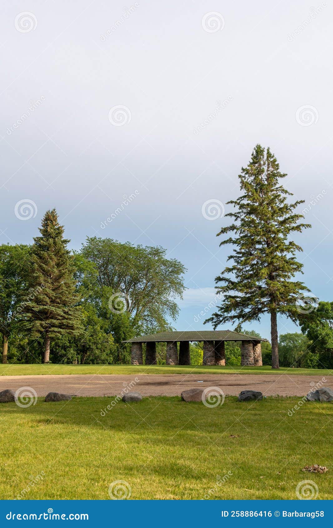 shelter made of stones with a wooden roof in fergus falls, minnesota usa