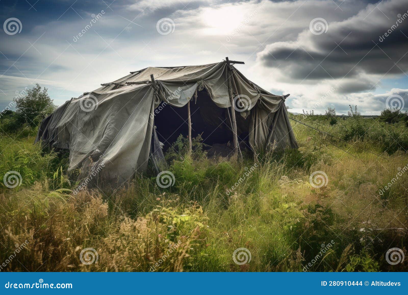 Shelter of Old Military Tent, with Fading and Tattered Canvas, on