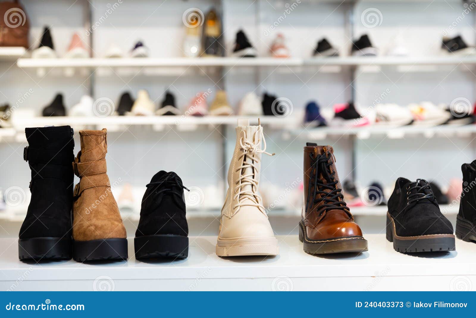 Shelves with Boots in Shoe Store Stock Image Image of pair, shoe