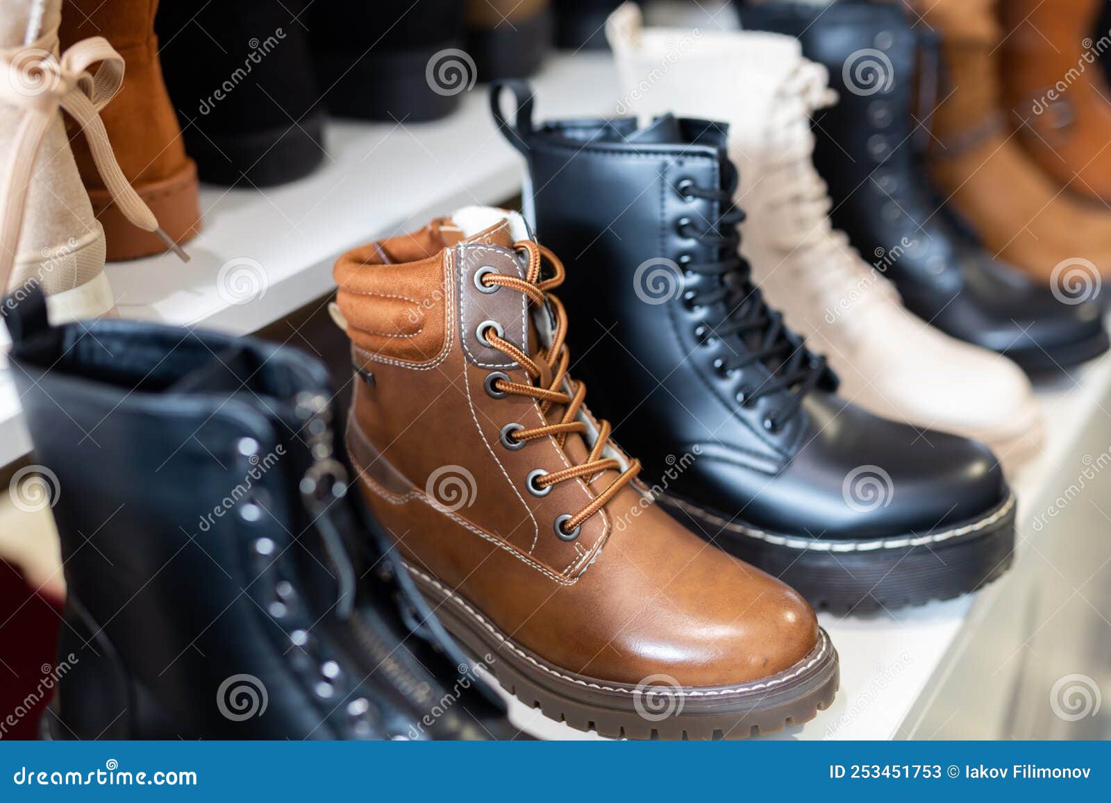 Shelves with Boots in Shoe Store Stock Image Image of shopping