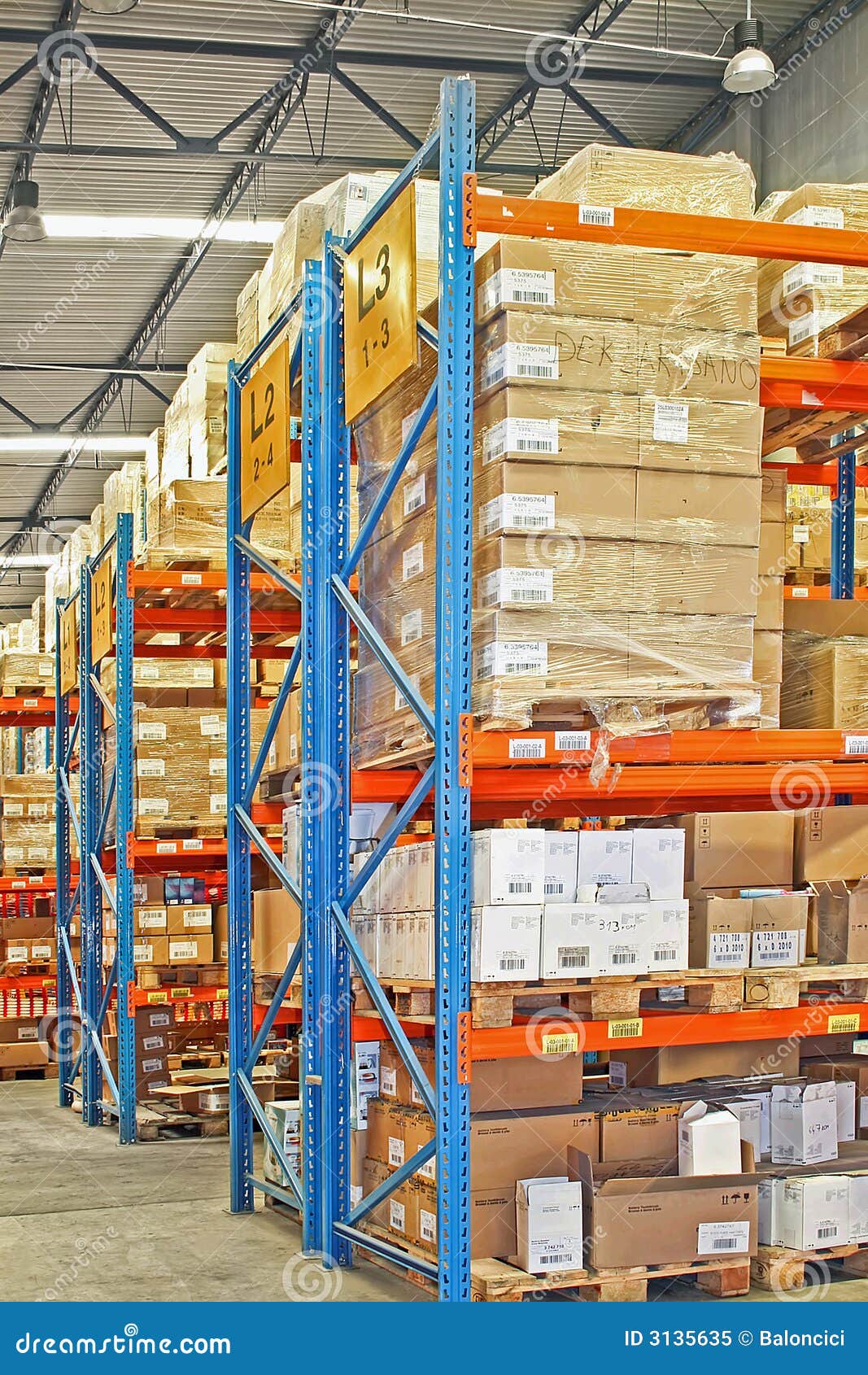 Shelves and cargo. Big warehouse storage room with boxes and shelves