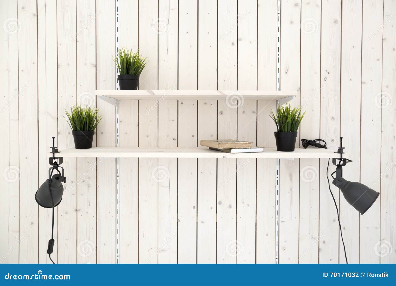 Shelves on Wooden Plank Wall Stock Photo Image of modern, empty 70171032