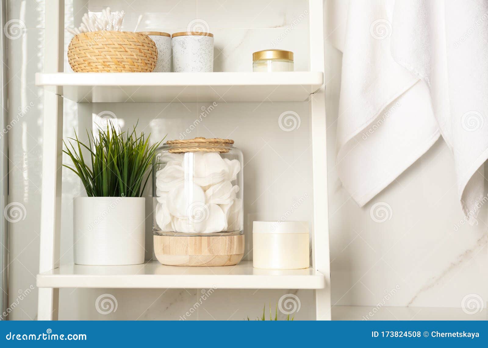 Shelving Unit with Toiletries in Bathroom Interior Stock Photo Image