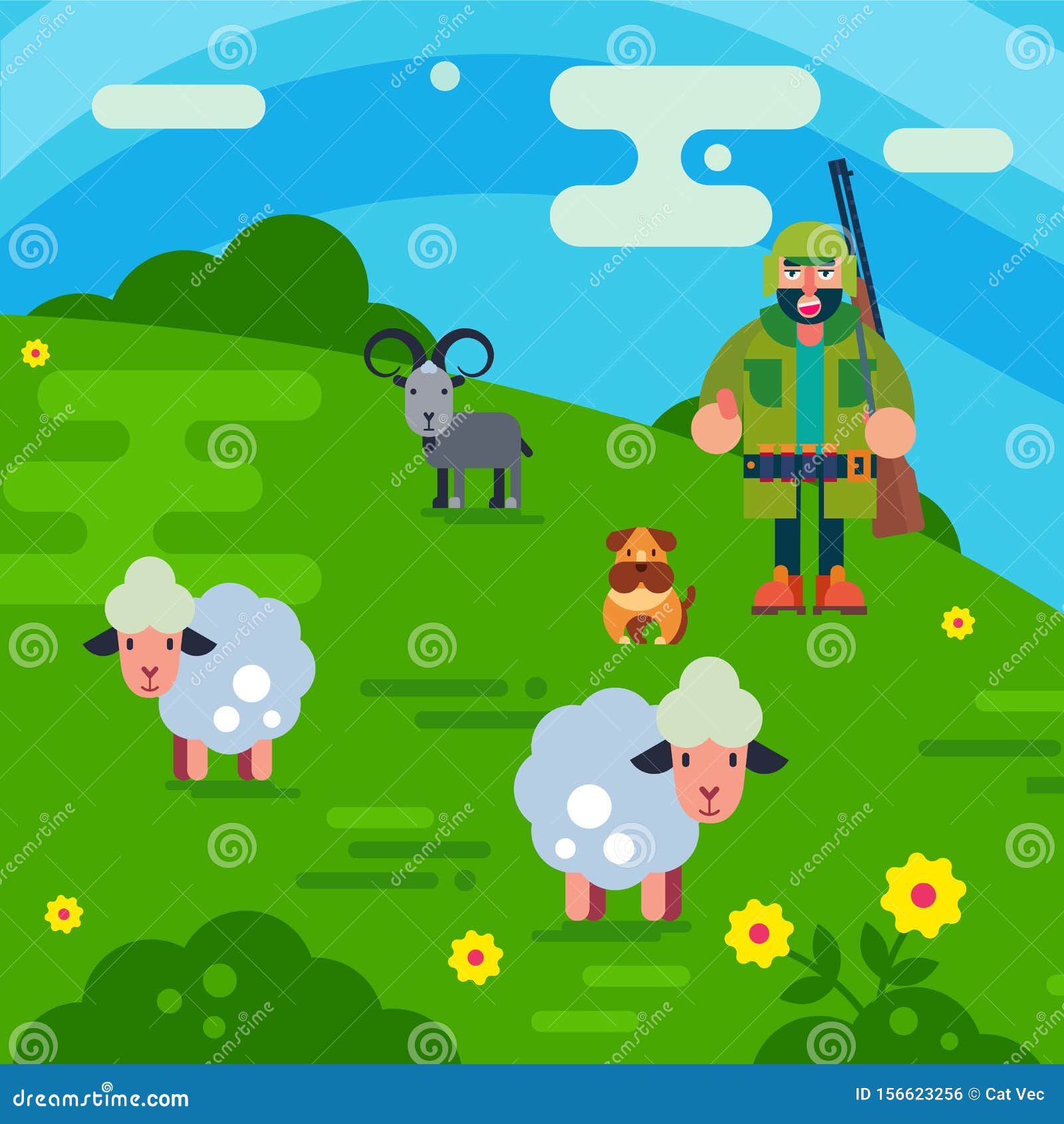 Shepherd with Gun and Dog Herding Flock of White Sheeps Cartoon Vector  Illustration. Man Breeding Sheep Wool. Field Stock Vector - Illustration of  meal, farm: 156623256