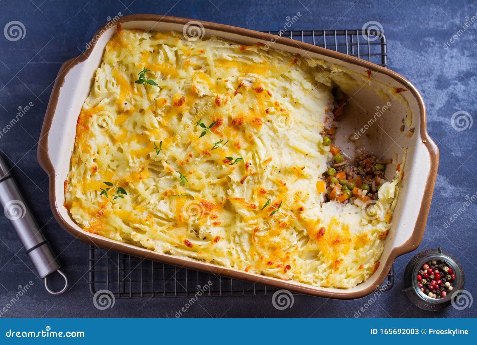 Shepherd`s Pie or Cottage Pie. Casserole in Baking Dish Stock Image