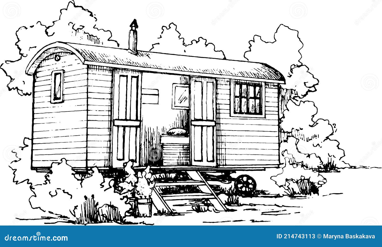 shepherds hut sketch glamping monochromatic hand drawn 