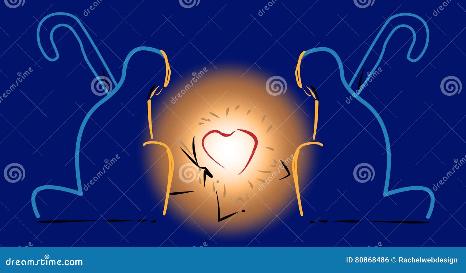 Shepherds Kneeling Before Infant Jesus Heart Vector Illustration