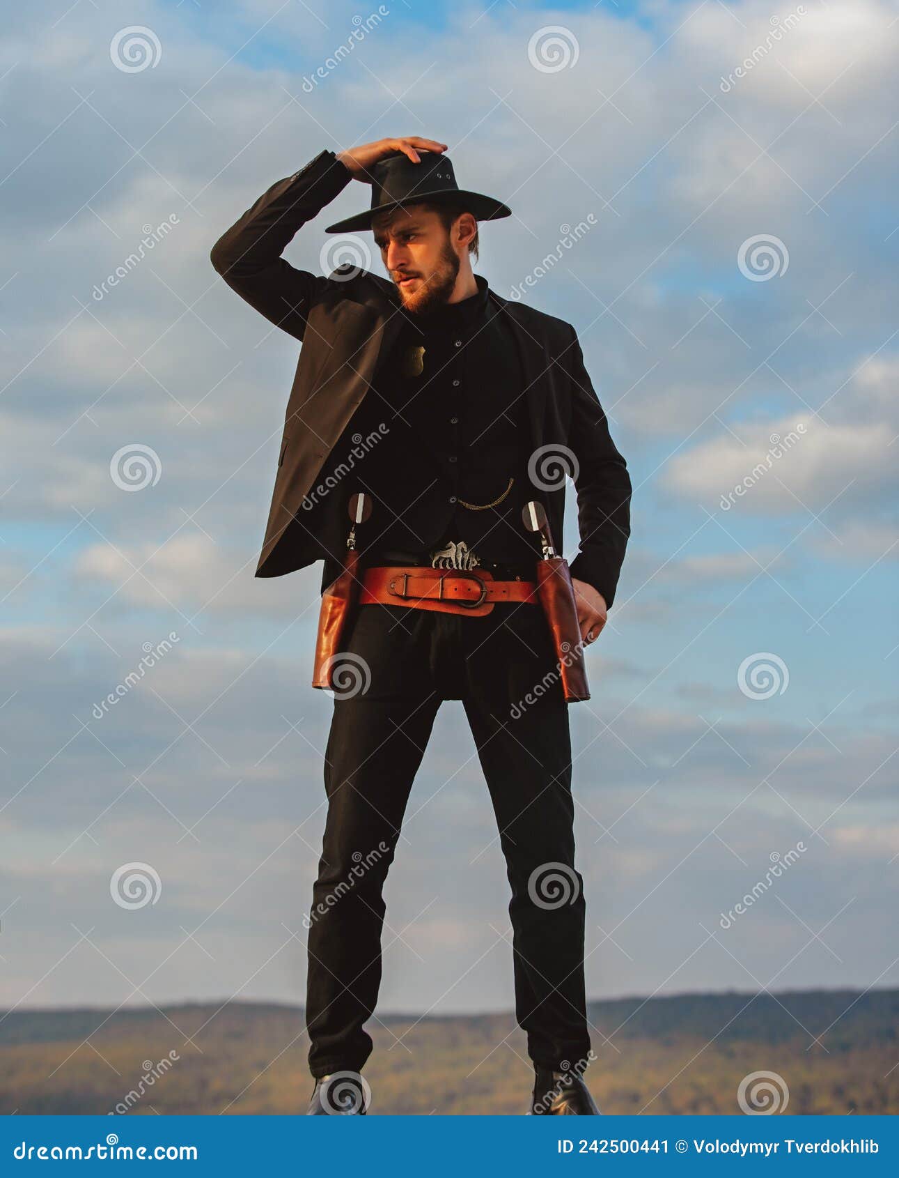 Sheriff or Cowboy in Black Suit and Cowboy Hat. Man with West Vintage ...