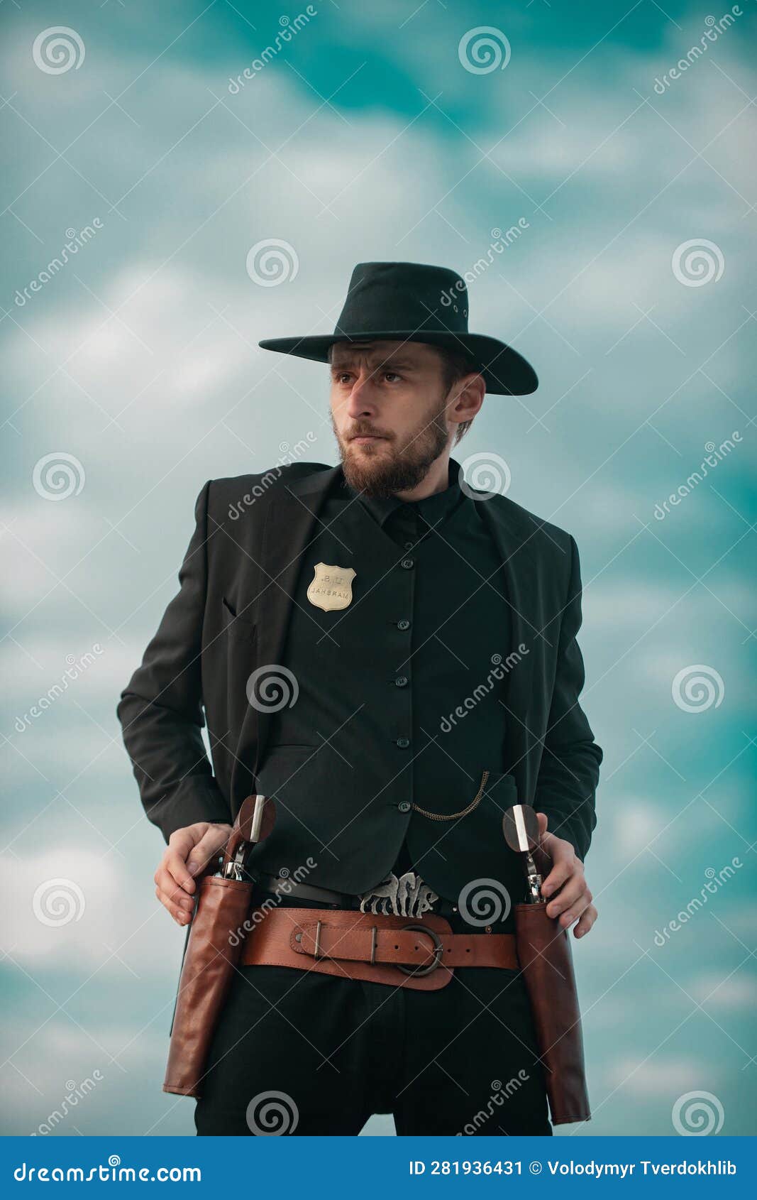 Sheriff Officer in Black Suit and Cowboy Hat. Man with Wild West Guns ...