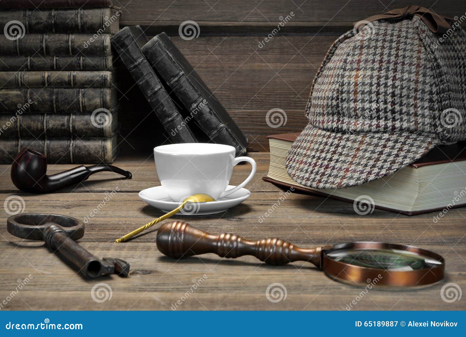 Sherlock Holmes Concept. Private Detective Tools on the Wood Tab Stock