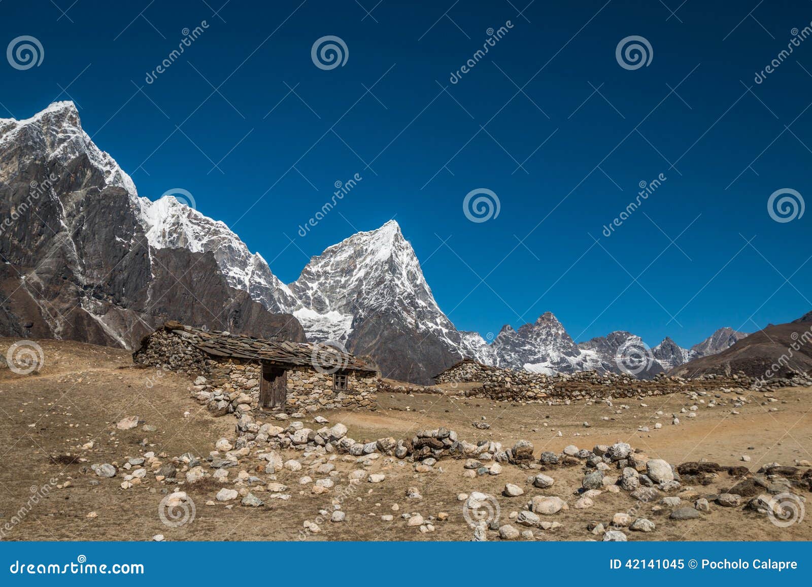 Valley Of Himalayan Mountains With Mountain Lake On Track To Everest Base  Camp. High Mountains With Snow-capped Peaks. Khumbu Valley, Sagarmatha  National Park, Nepal. Beautiful Mountain Landscape. Stock Photo, Picture  and Royalty