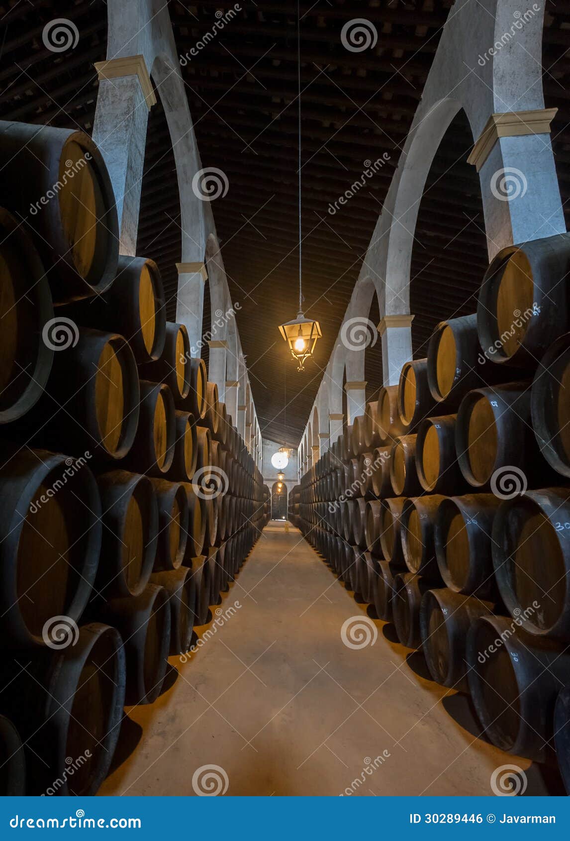 sherry barrels in jerez bodega, spain