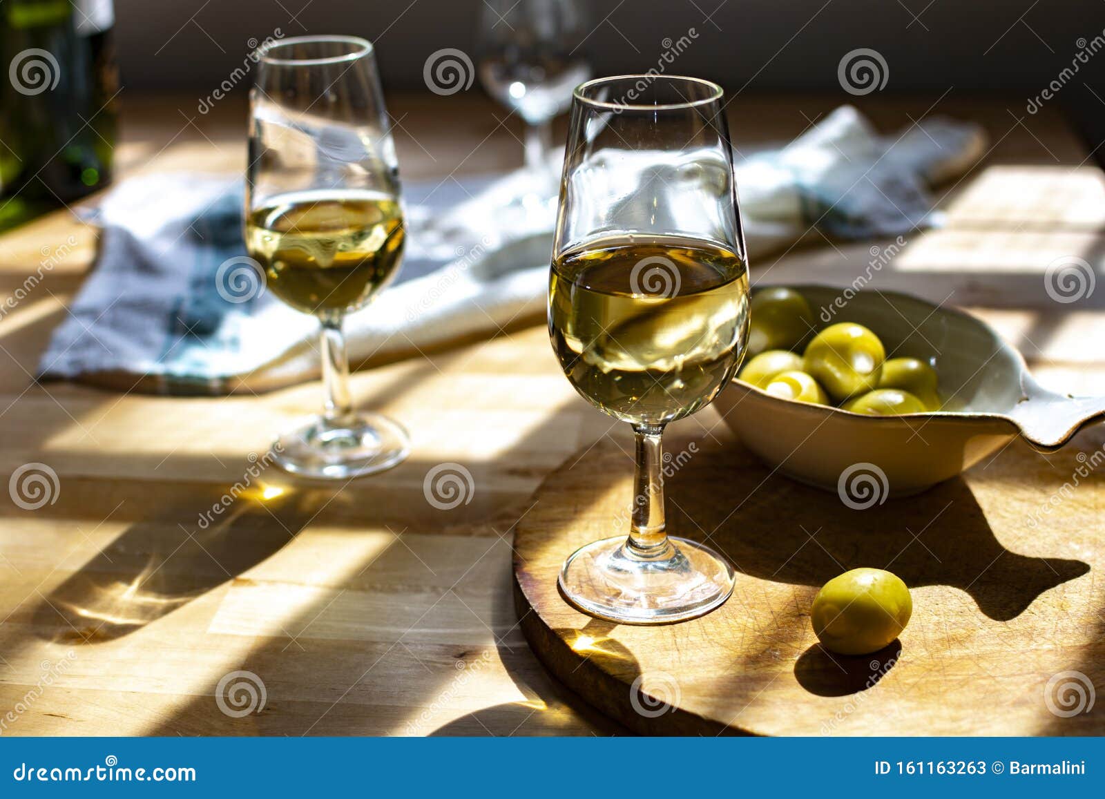 sherry wine tasting, dry fino, manzanilla or palomino jerez fortified wine in glasses, jerez de la frontera, andalusia, spain