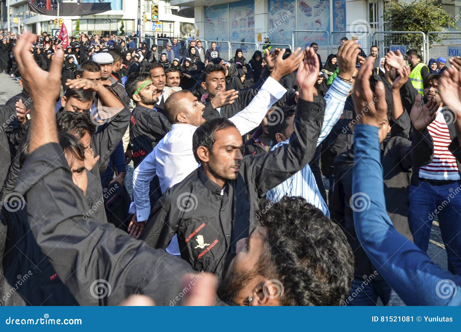 shia muslim men shout islamic slogans ashura procession shia muslim men shout islamic slogans ashura procession