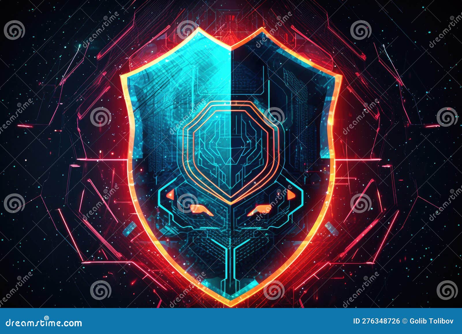 Shieldshaped Virtual Wall with Neons and Red Lights. Generative Ai