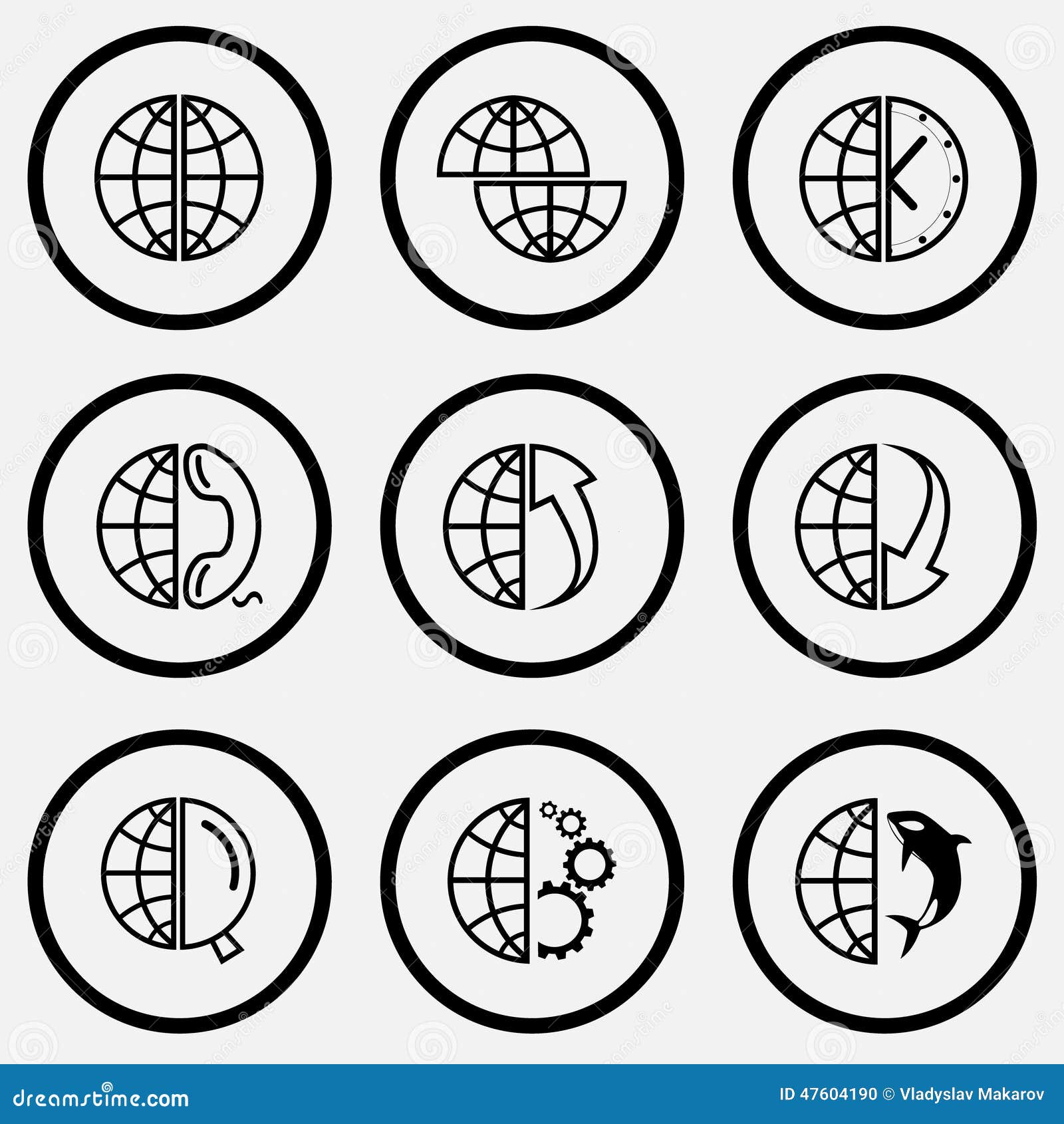 shift globe, globe and clock, and phone, and array up, and array