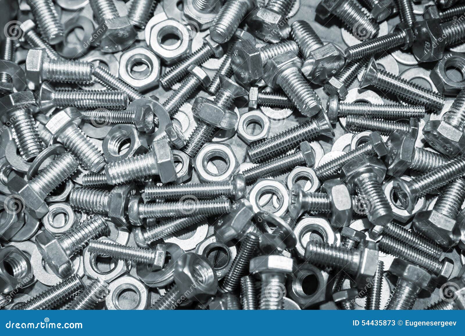 Shining Bolts and Nuts, Blue Toned Photo Stock Image Image of