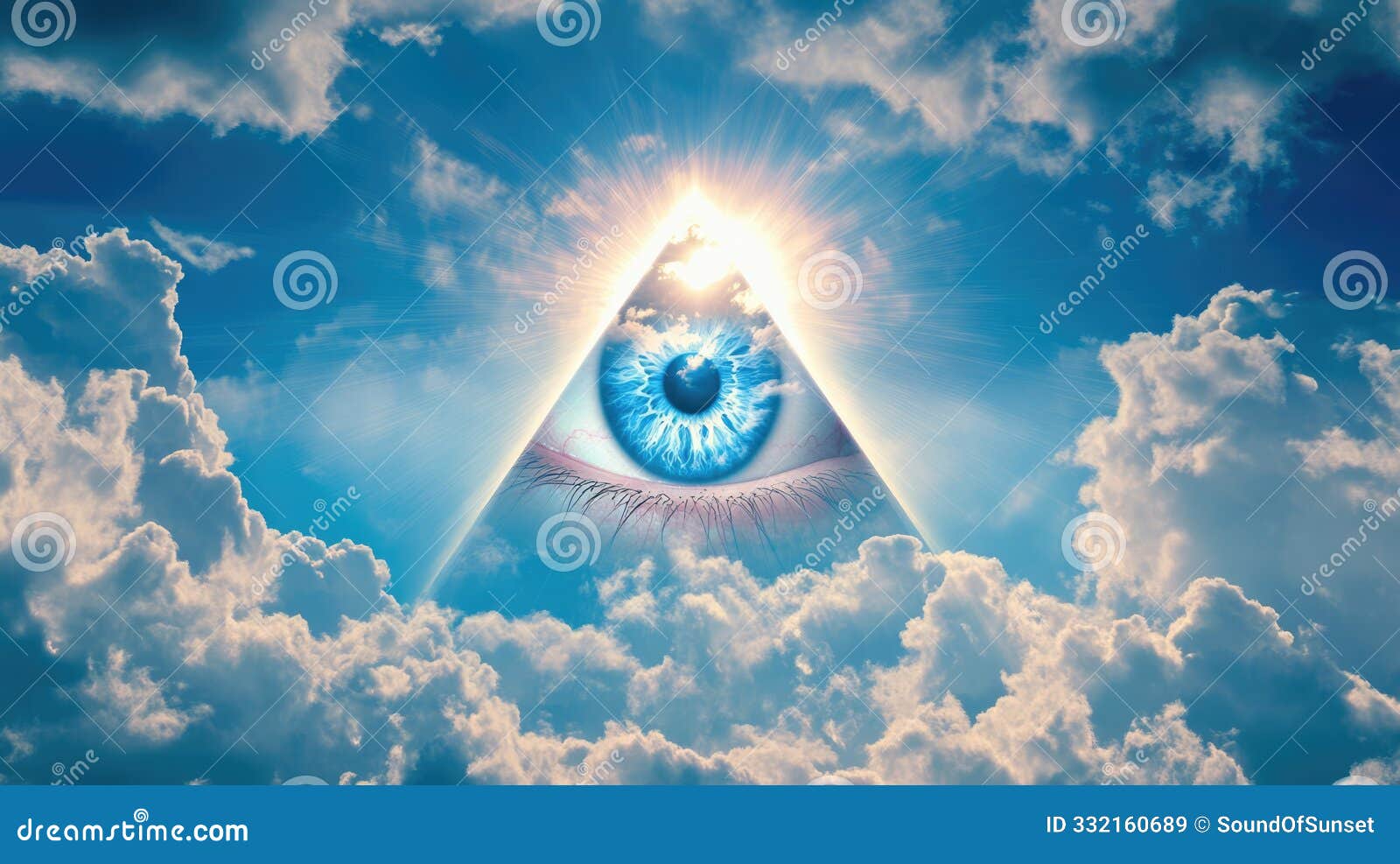 shining eye of providence in the blue cloudy sky. all-seeing god's eye in heaven.  of illuminati and