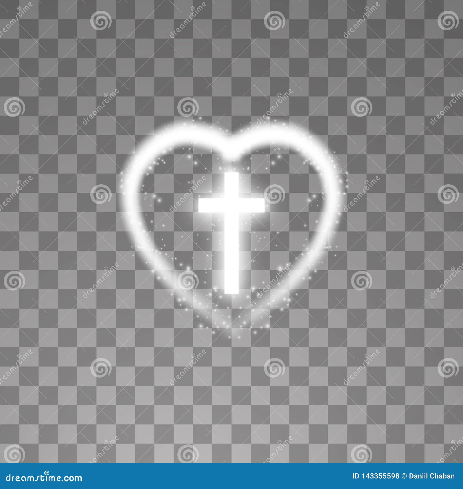 shining white cross with heart on transparent background. glowing saint cross.  