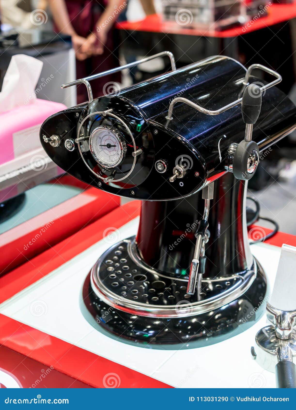 Shiny Black Coffee Espresso Machine in Vintage Style Stock Photo