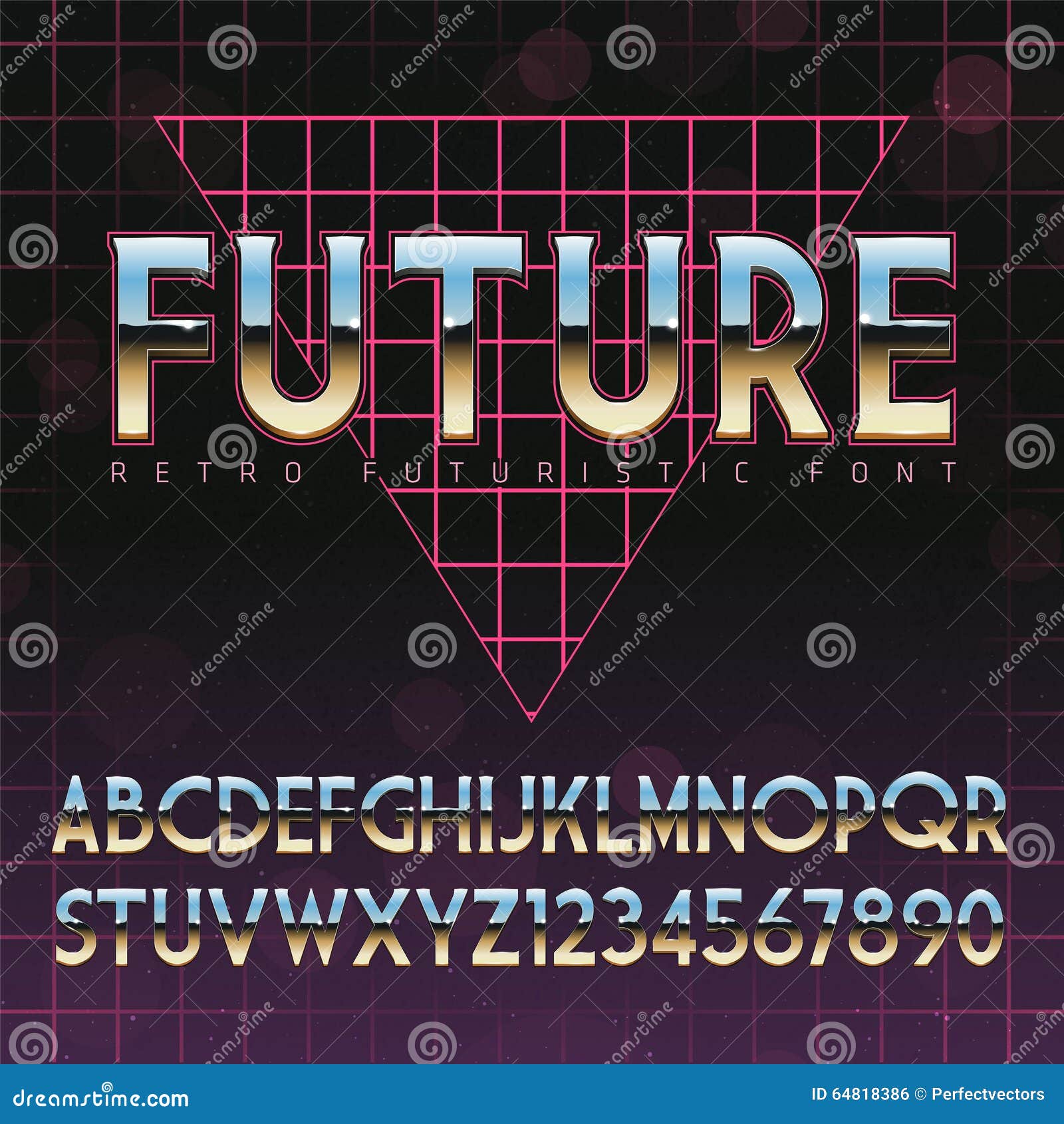 shiny chrome alphabet in 80s retro futurism style