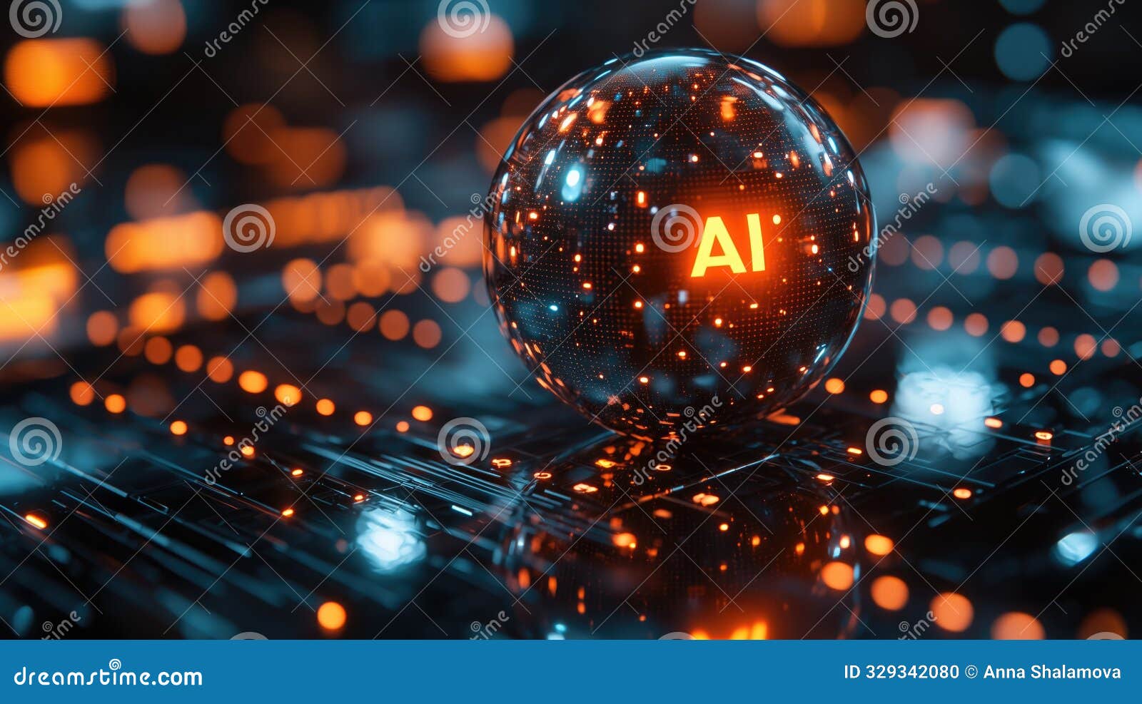 shiny digital sphere with ai inscription surrounded by glowing circuitry and lights.