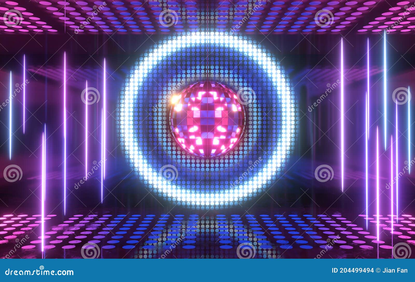 Shiny Disco Ball with Neon Light Background, 3d Rendering Stock
