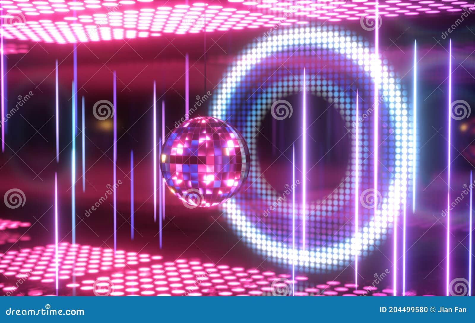 Shiny Disco Ball with Neon Light Background, 3d Rendering Stock