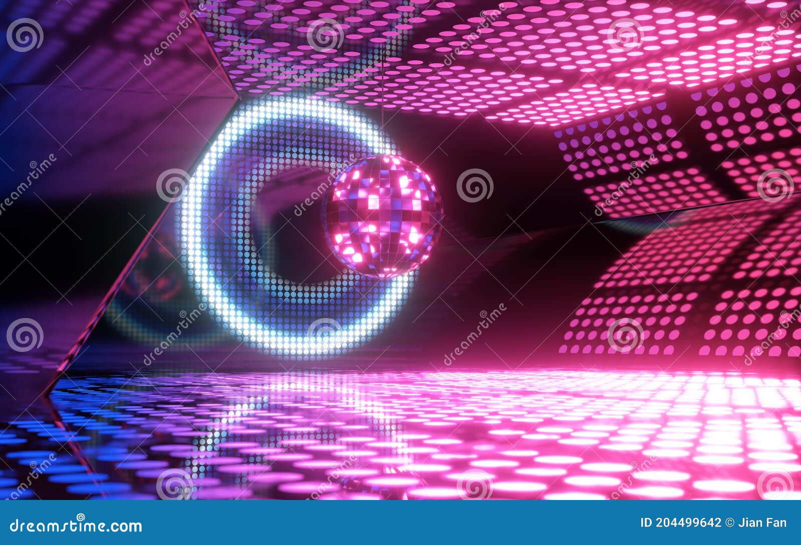 Shiny Disco Ball with Neon Light Background, 3d Rendering Stock