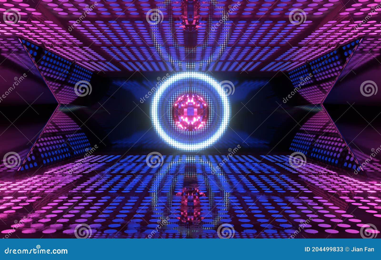 Shiny Disco Ball with Neon Light Background, 3d Rendering Stock