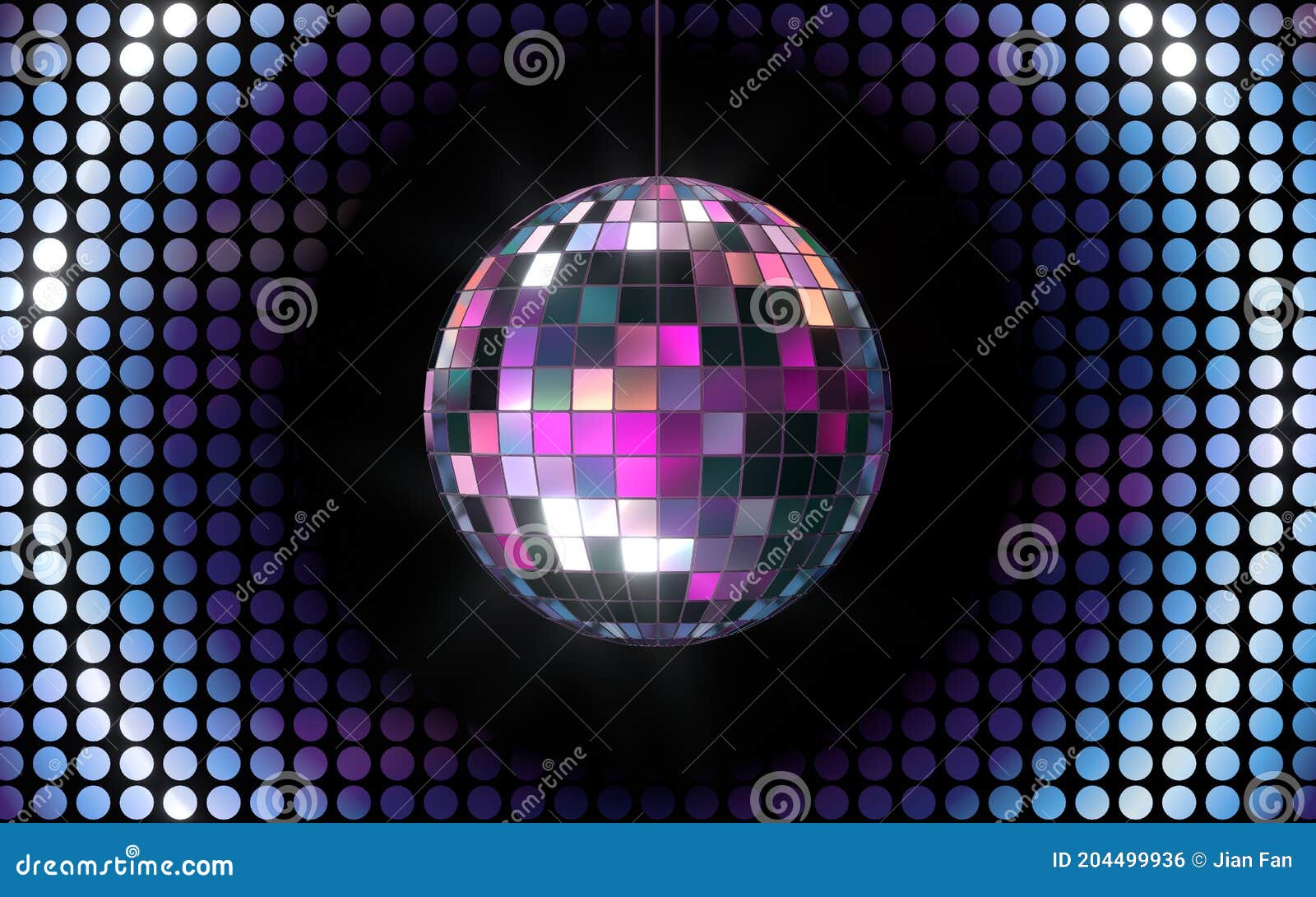 Shiny Disco Ball with Neon Light Background, 3d Rendering Stock
