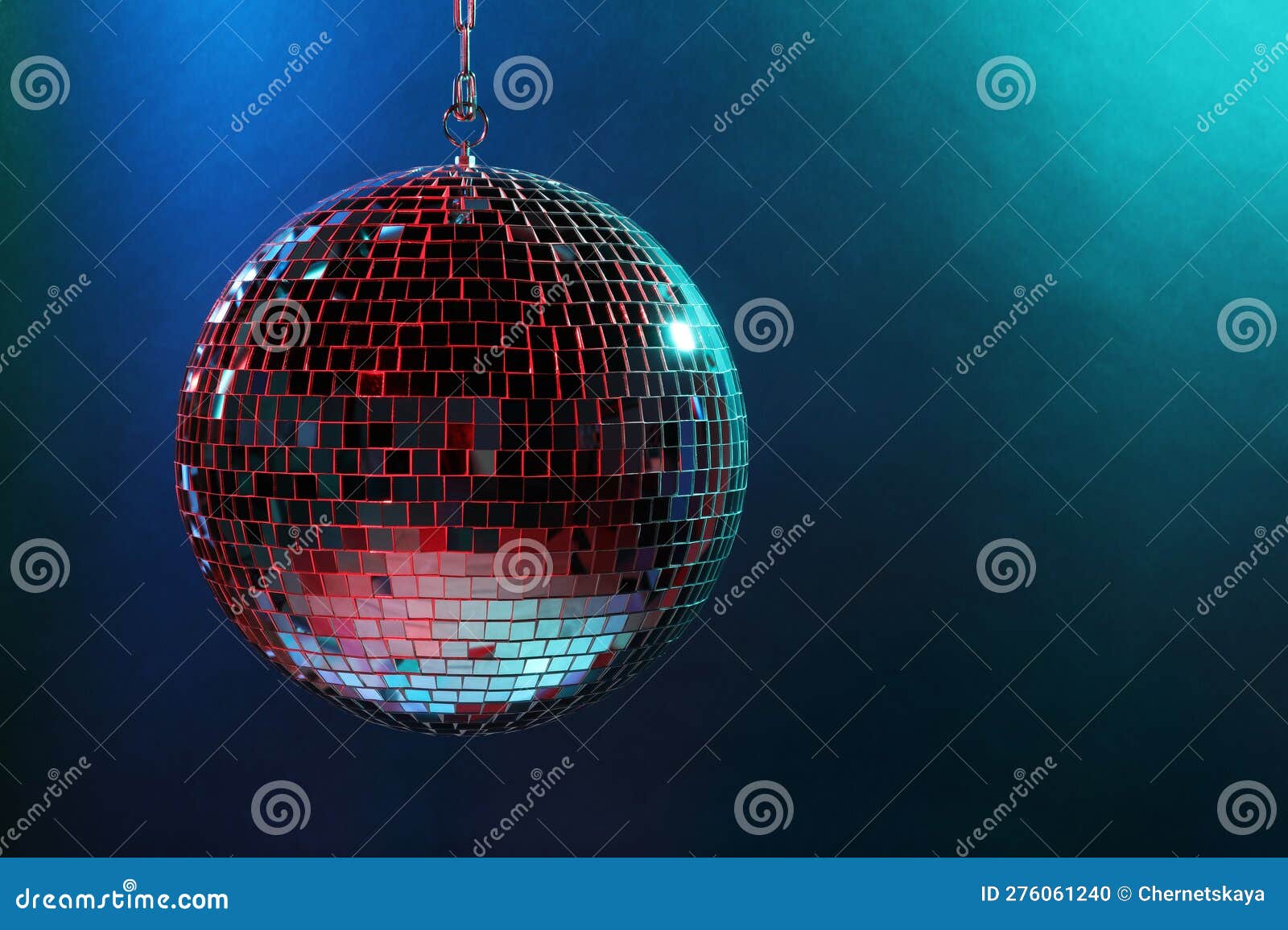 Shiny Disco Ball Under Blue Lights, Space for Text Stock Photo Image