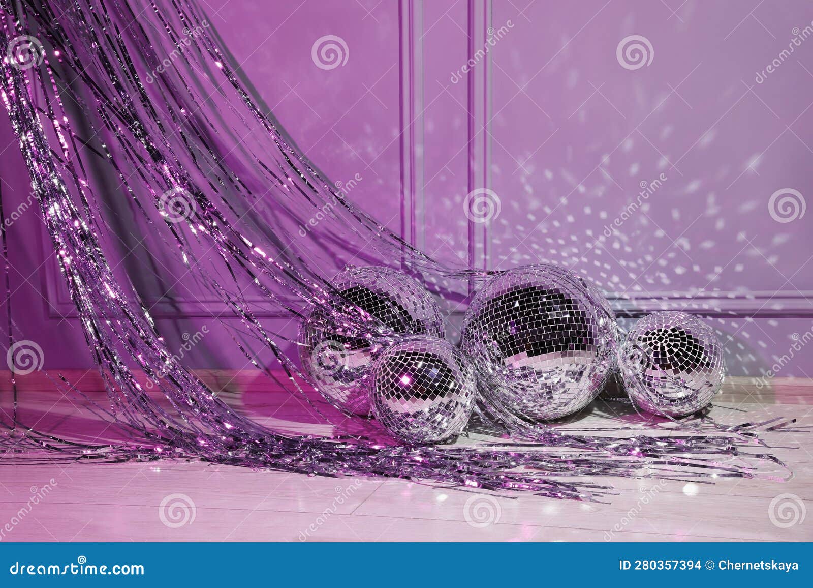 Shiny Disco Balls and Foil Fringe Curtain, Color Toned Stock Photo ...