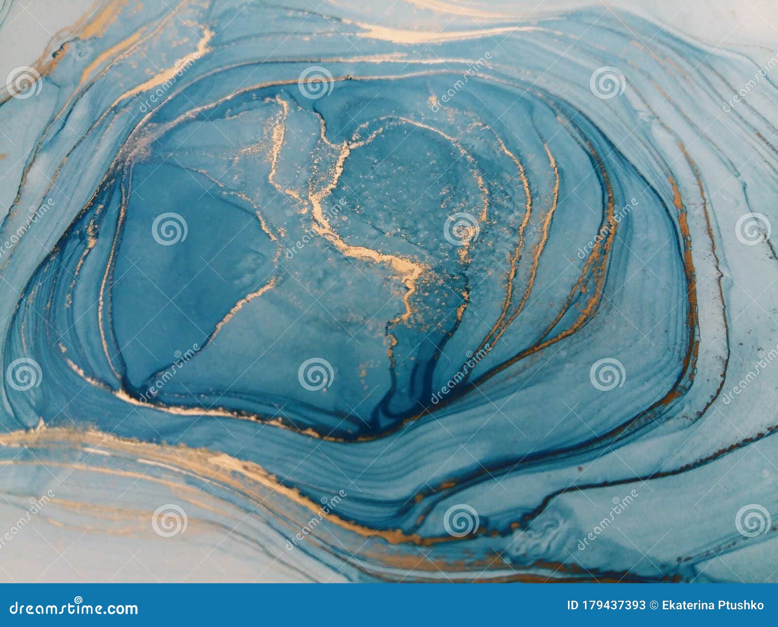 luxury abstract fluid art painting background alcohol ink technique blue and gold. swirls of shiny gold edges.