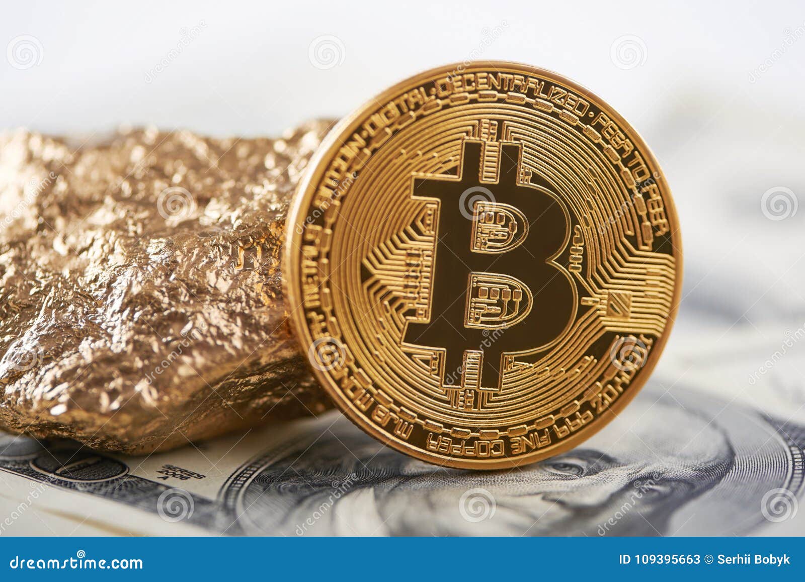 Shiny Golden Bitcoin And Gold Lump Put On Dollar Banknote And Represent New Financial Trends ...