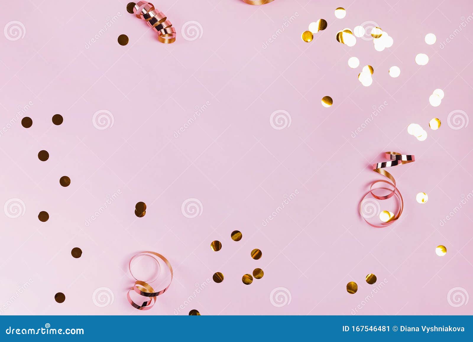 shiny golden confeti and ribbons on pink background.