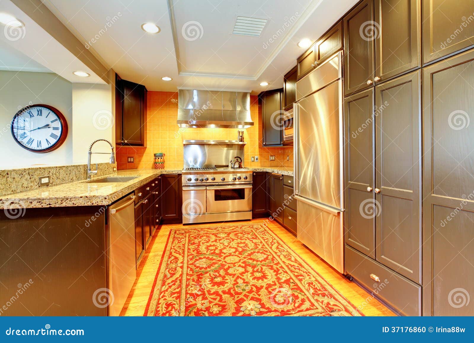 Shiny Kitchen With Black Wood Cabinets Stock Photo Image Of