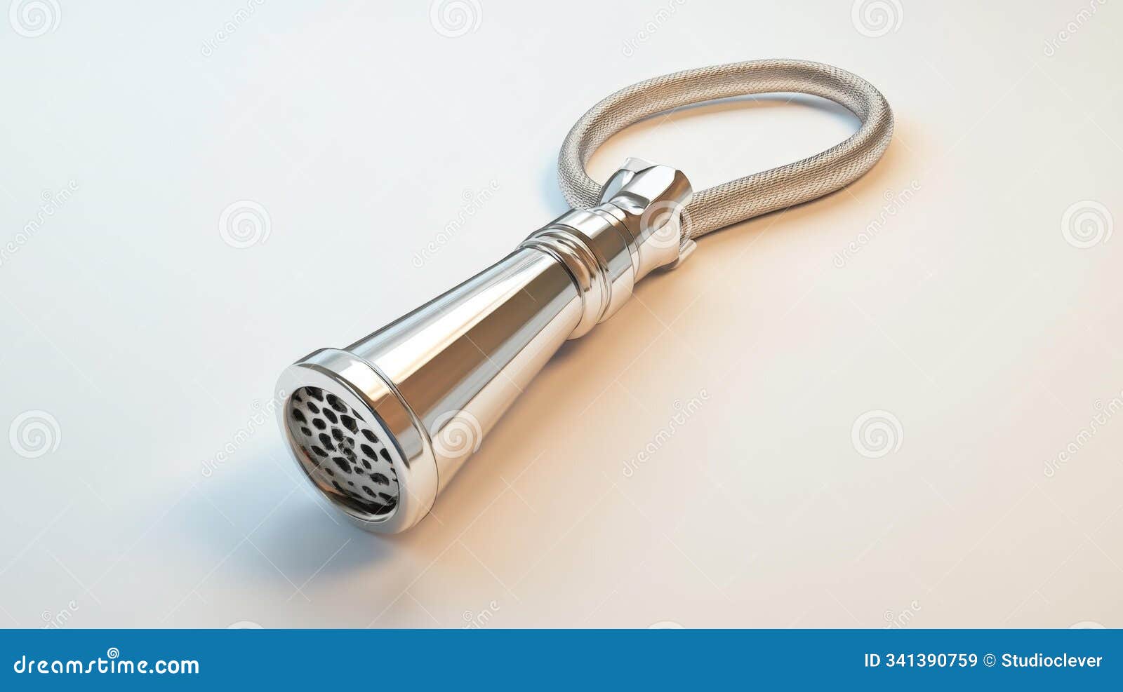 shiny metal sports whistle with a fabric loop on a white background. professional whistle for training games and referees