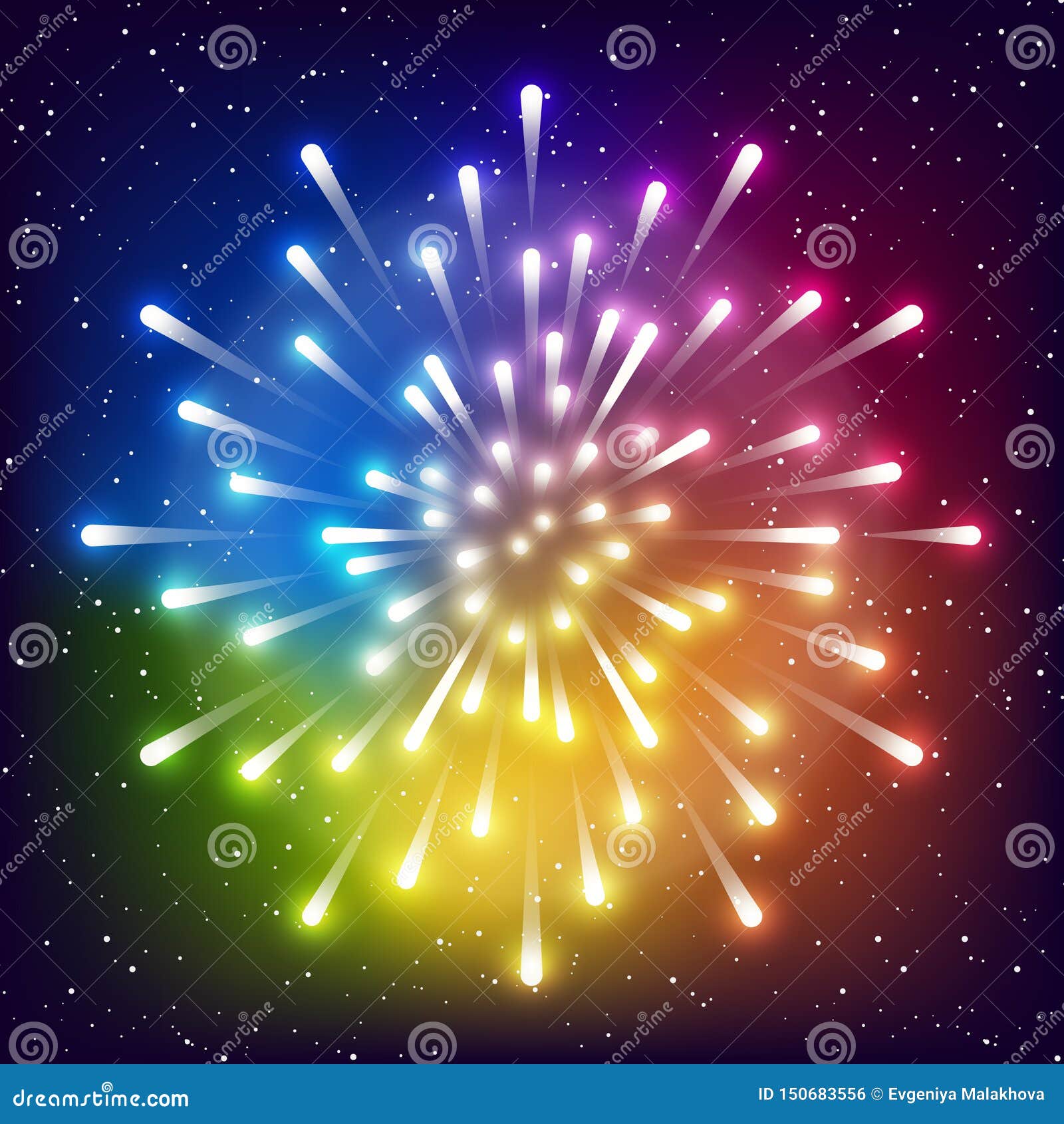 Shiny Rainbow Firework on Starry Sky Background Stock Vector