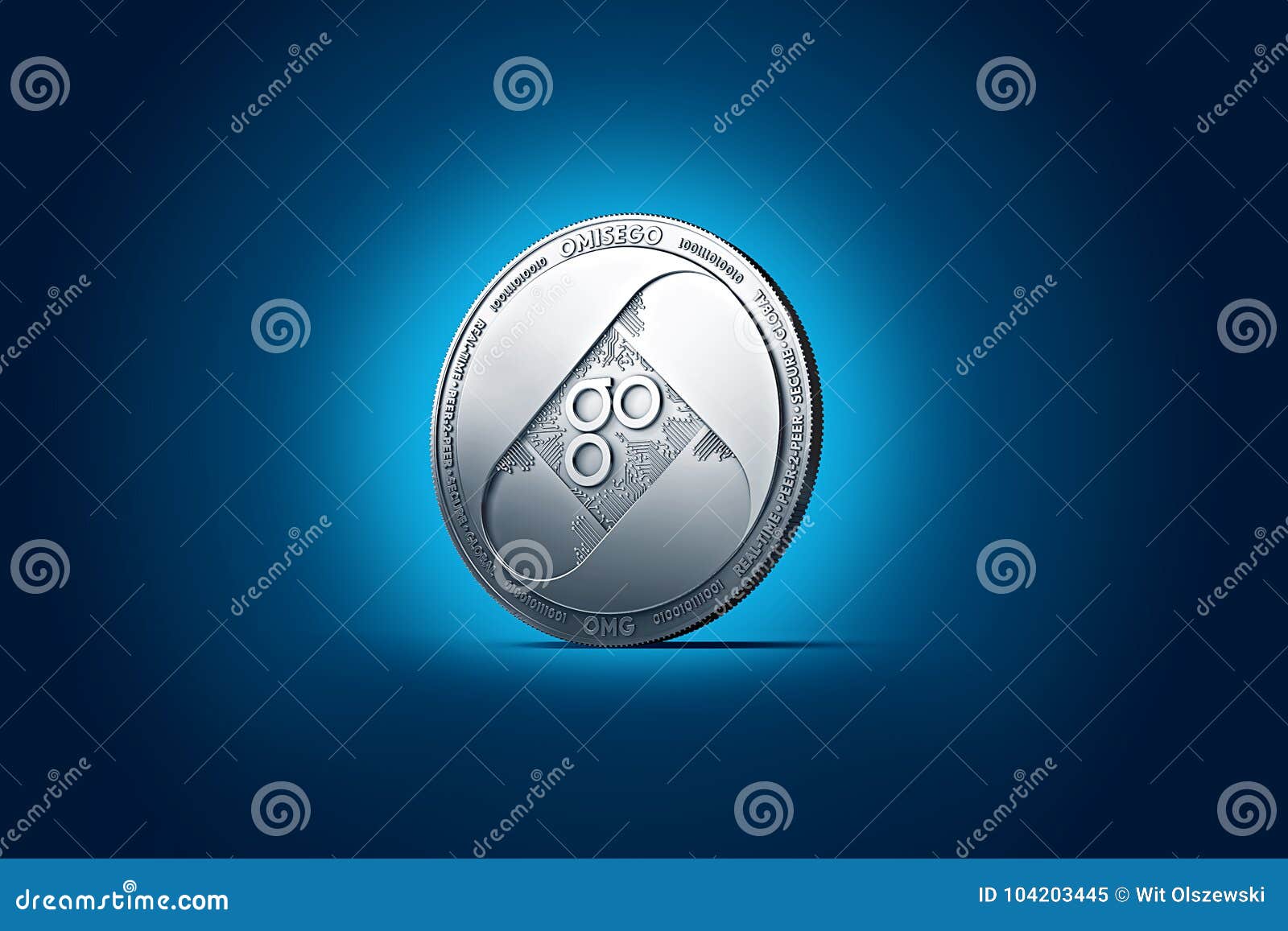 shiny silver omisego omg coin displayed on gently lit dark blue background.
